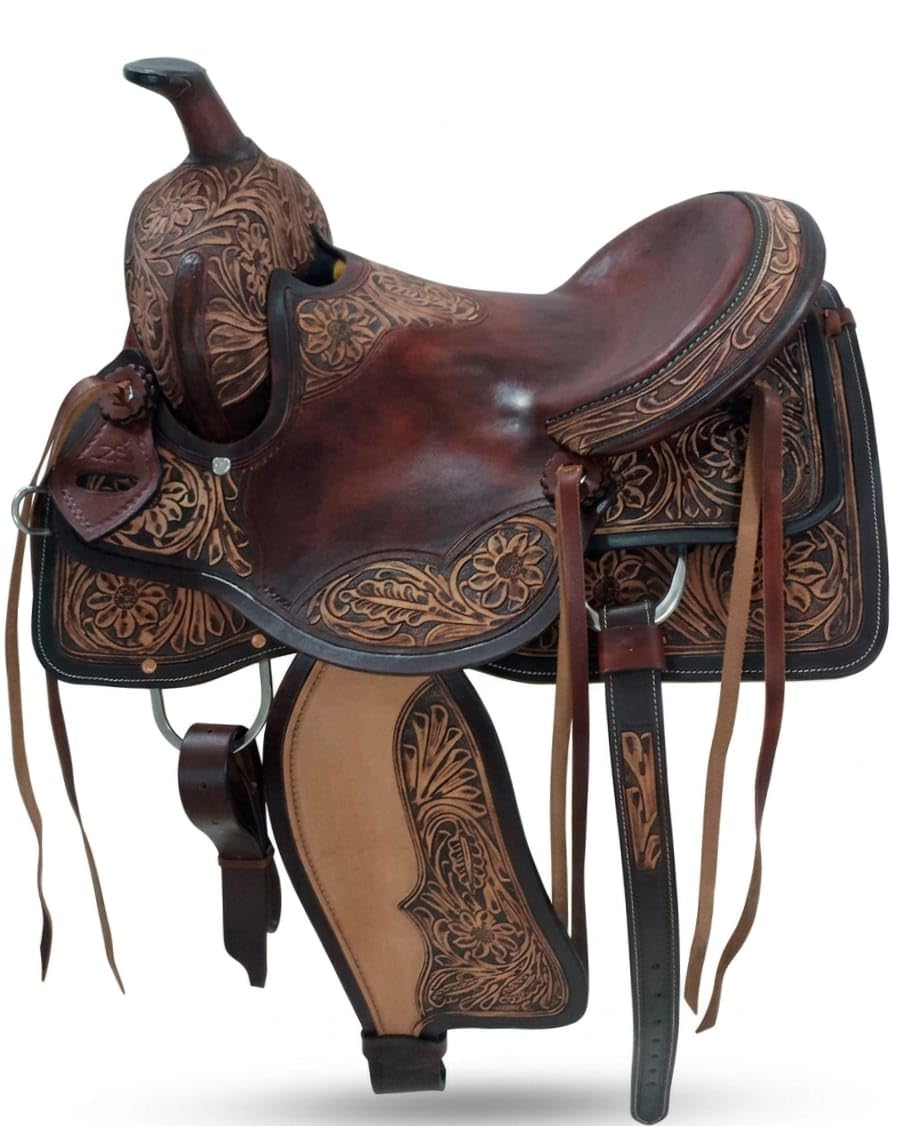 Hand Tooled Genuine Leather Western Horse Saddle with Tack Set 15-18 Inch G946139