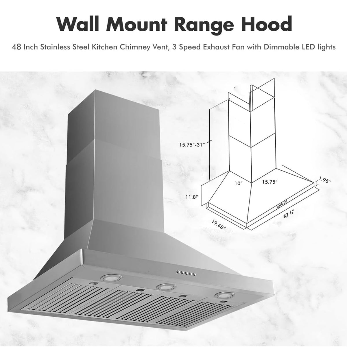 48 inch 800CFM Stainless Steel Wall Mount Range Hood W752881