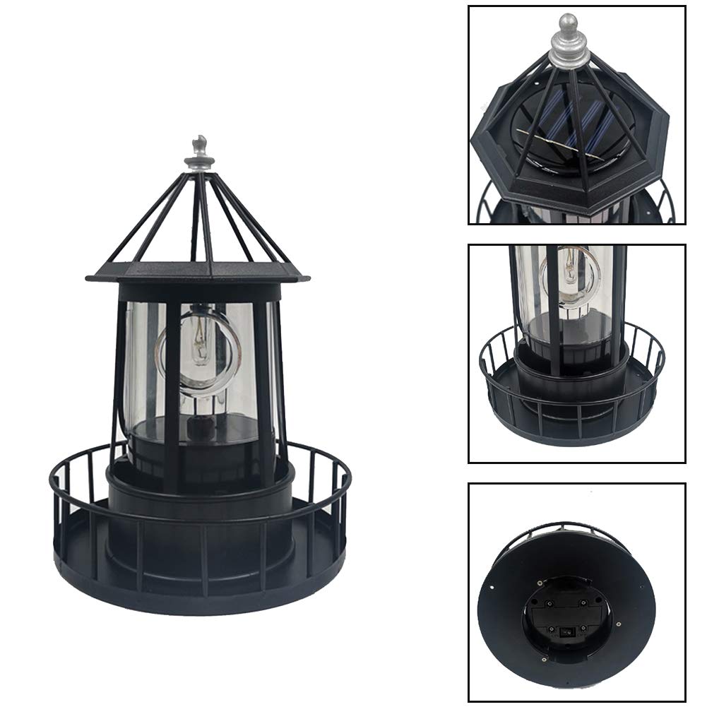 Black Solar Lighthouse Rotating Light IP65 Waterproof Outdoor LED Decor I444