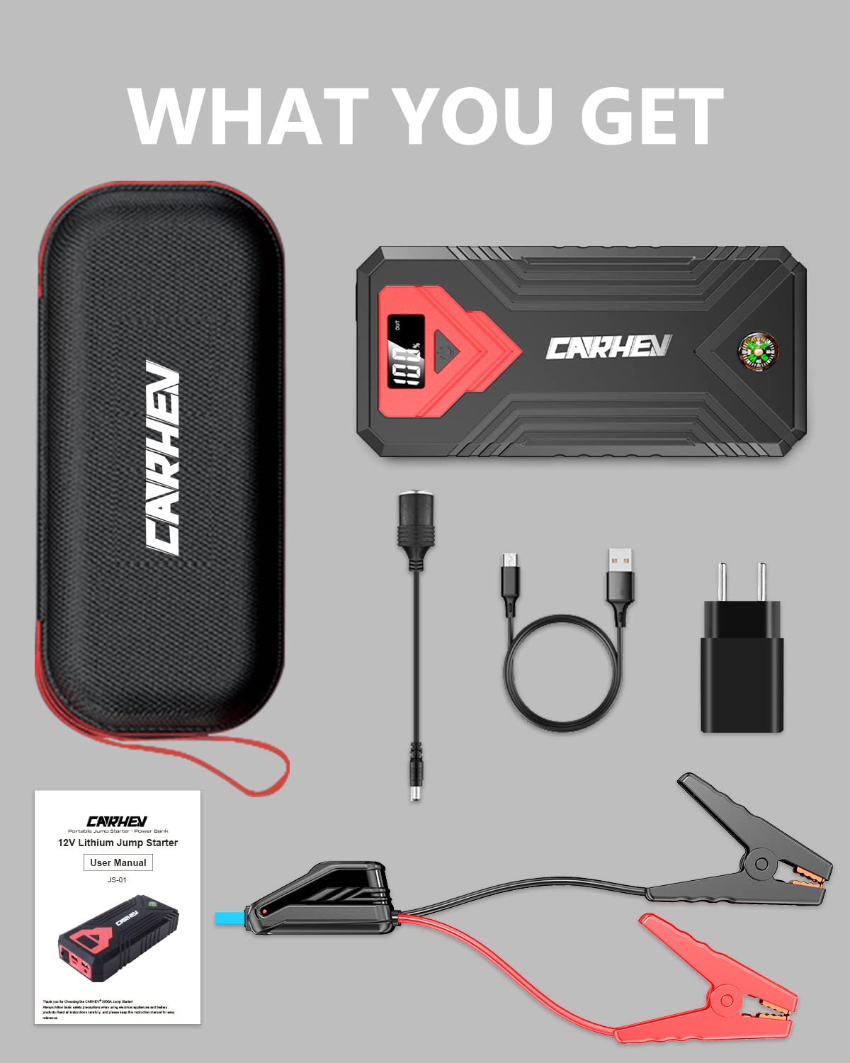 3000A 24000mAh 12V Jump Starter with LED Light and USB QC 3.0 D99528
