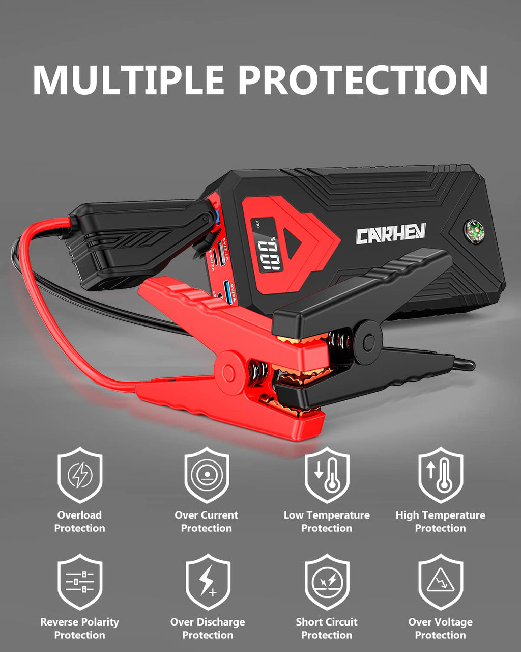 3000A 24000mAh 12V Jump Starter with LED Light and USB QC 3.0 D99528