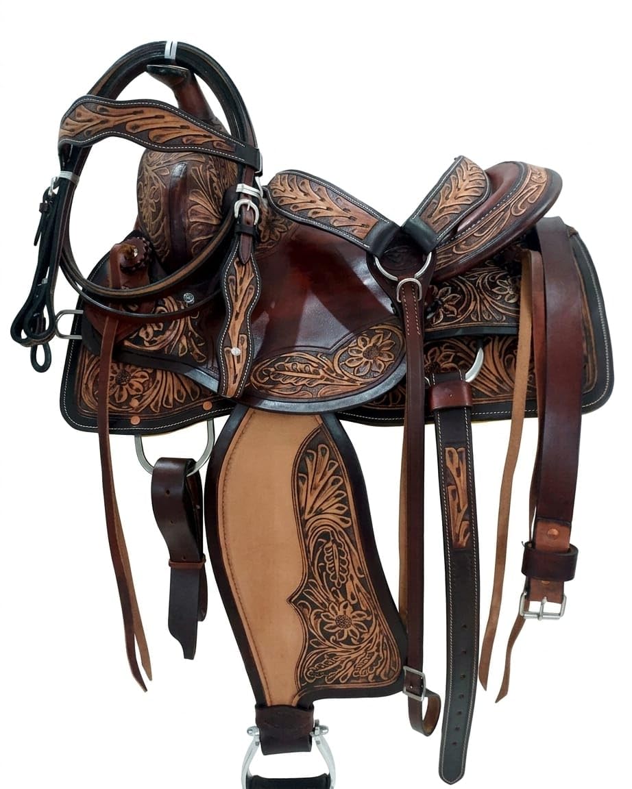 Hand Tooled Genuine Leather Western Horse Saddle with Tack Set 15-18 Inch G946139