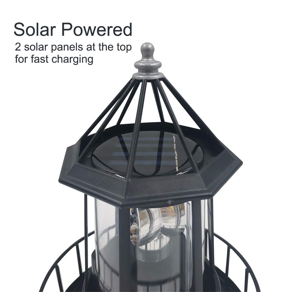 Black Solar Lighthouse Rotating Light IP65 Waterproof Outdoor LED Decor I444