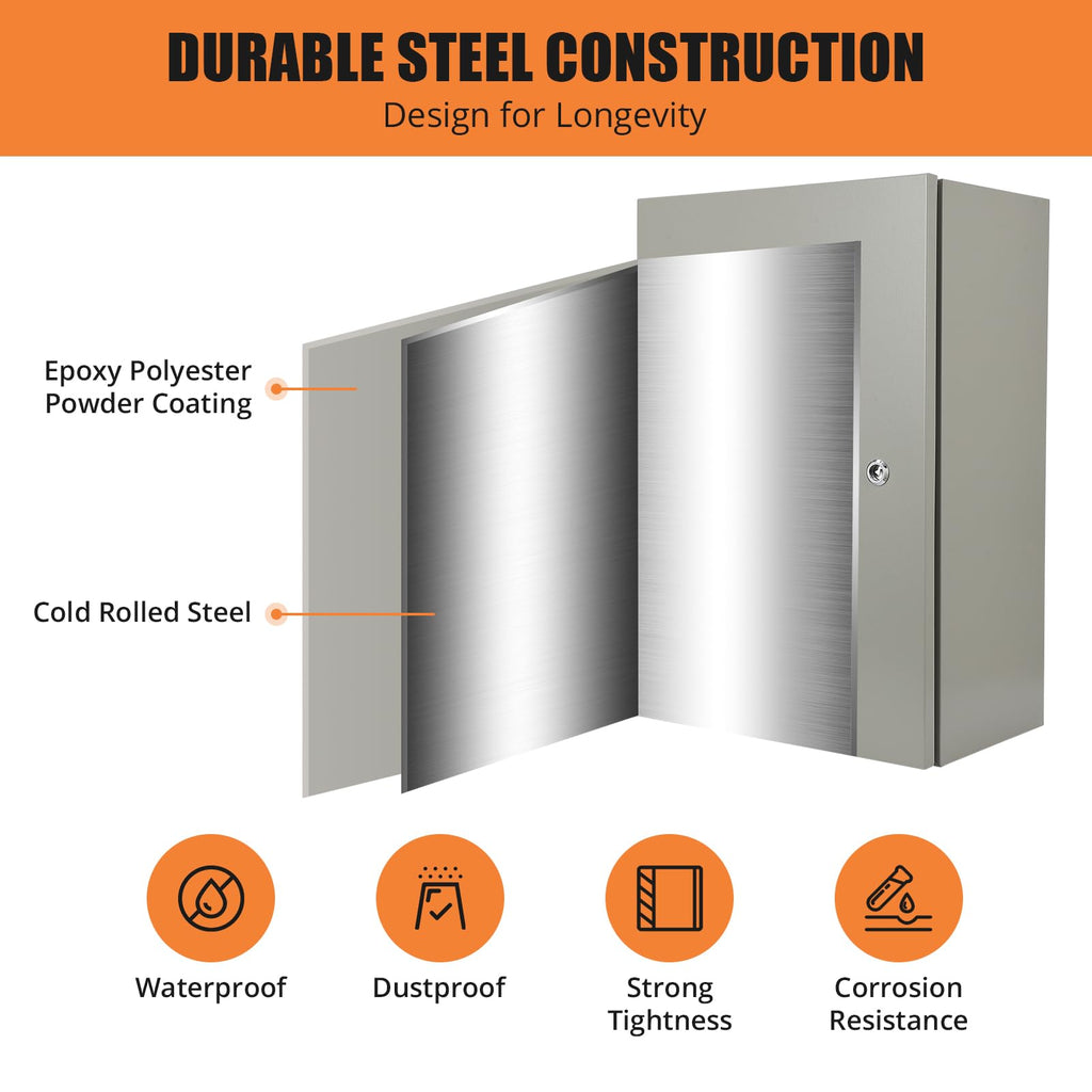 24" x 16" x 10" Waterproof Stainless Steel Electrical Enclosure Box with Lock S3518
