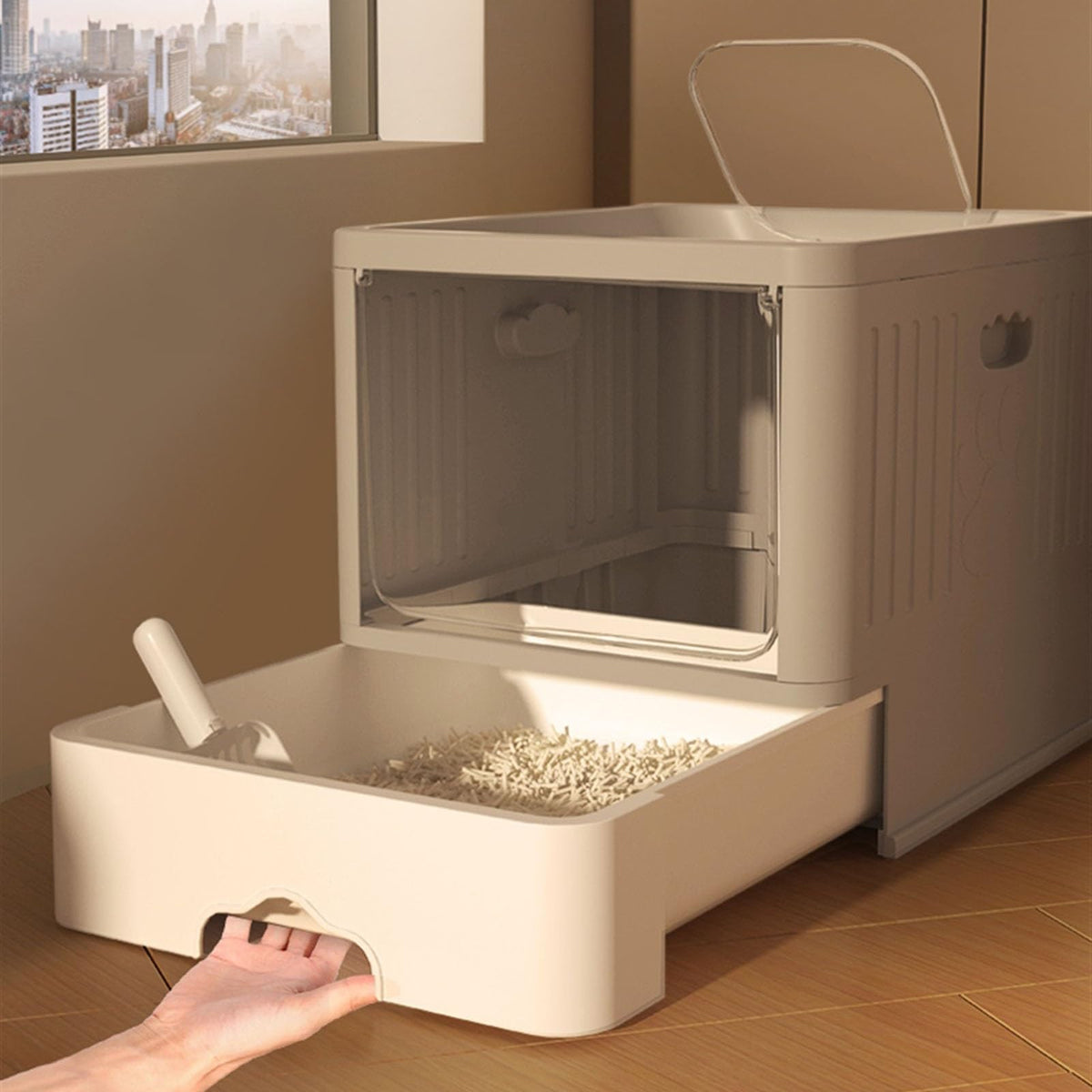 Large Top Entry Anti-Splashing Enclosed Plastic Cat Litter Box with Lid and Litter Scoop W164417