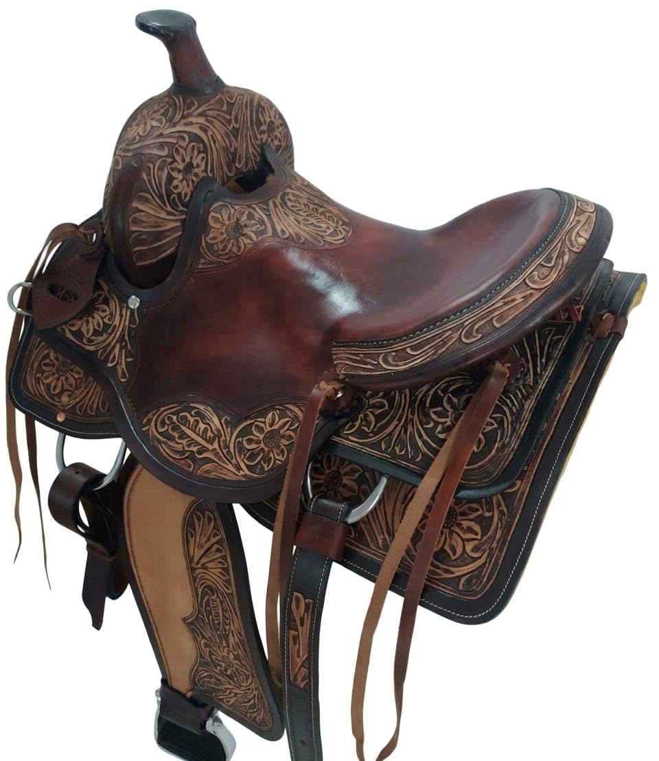 Hand Tooled Genuine Leather Western Horse Saddle with Tack Set 15-18 Inch G946139