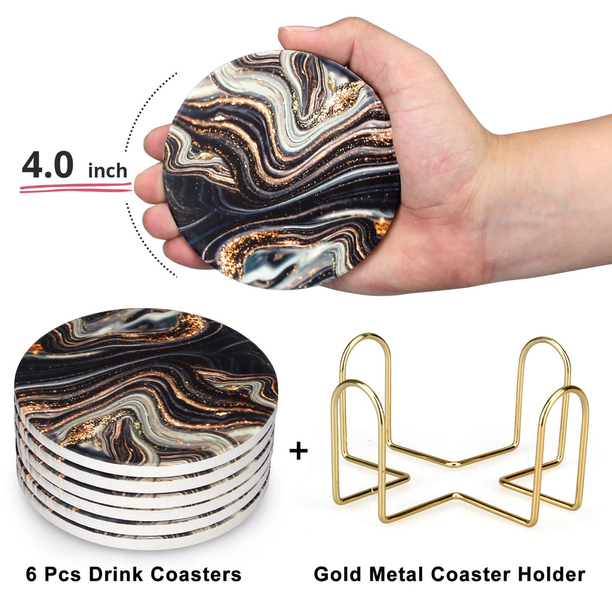 Black and Gold Marble Coasters with Holder O3034