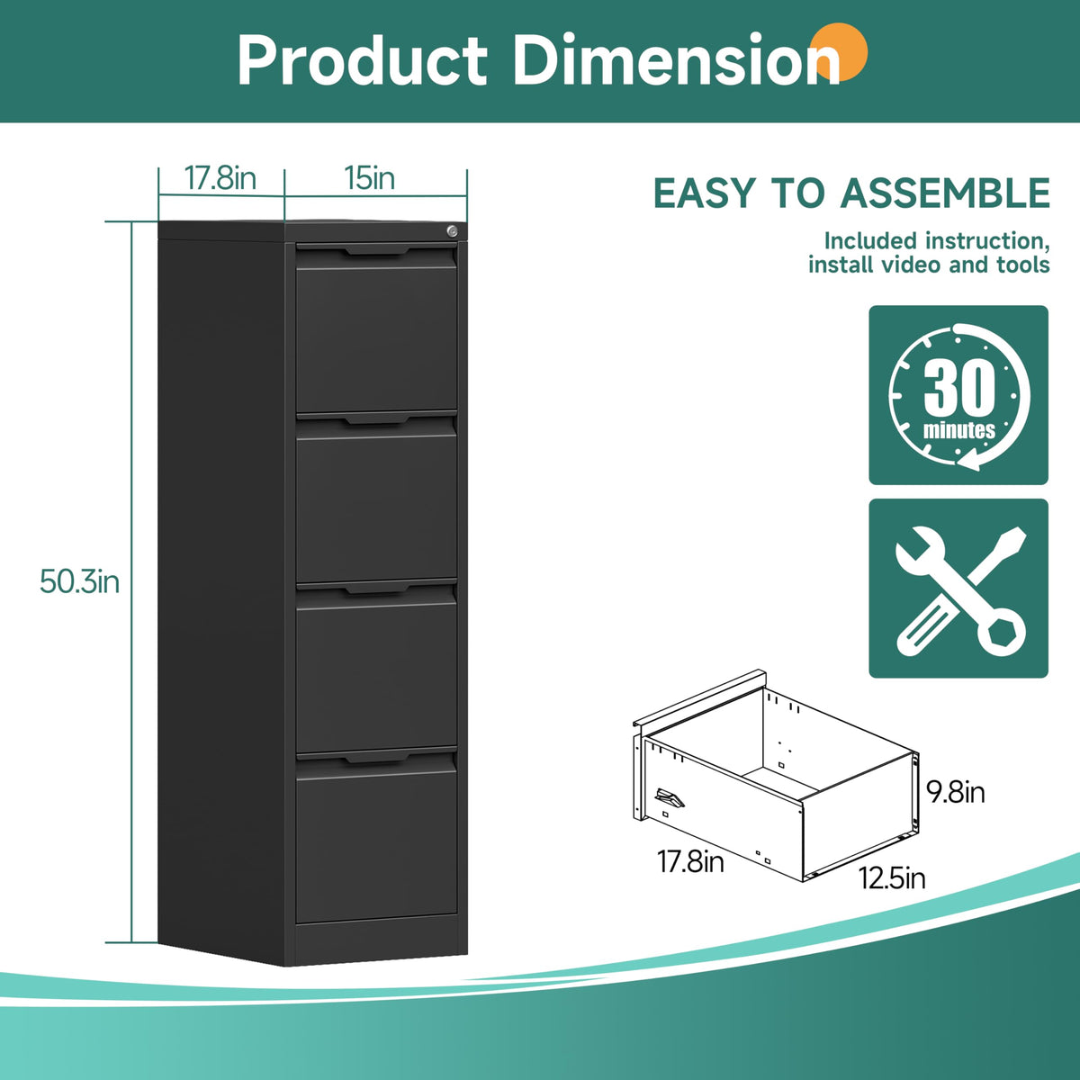 4 Drawer Metal File Cabinet with Lock O8685