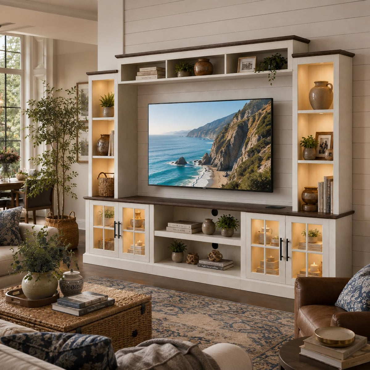 White TV Stand with Bookshelf Cabinet and Barn Doors I101893