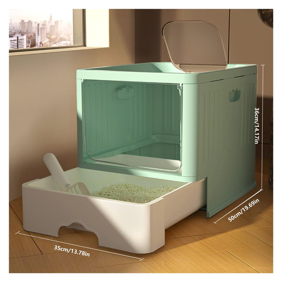 Large Top Entry Anti-Splashing Enclosed Plastic Cat Litter Box with Lid and Litter Scoop W164417