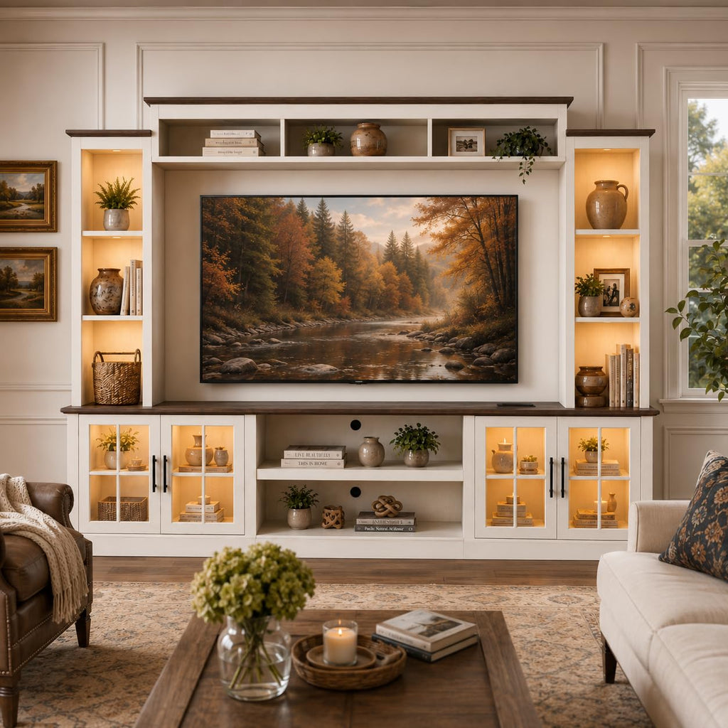 White TV Stand with Bookshelf Cabinet and Barn Doors I101893