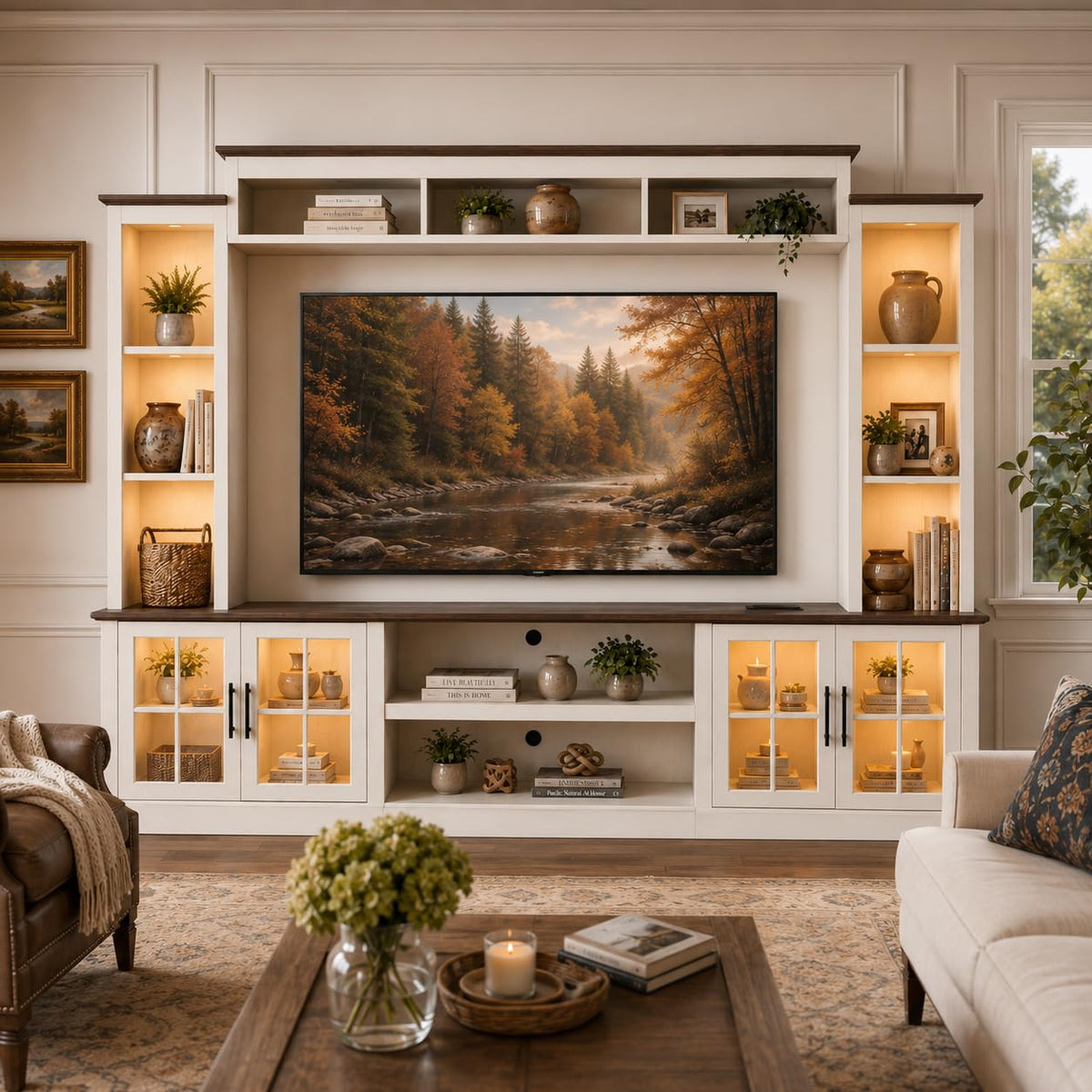 White TV Stand with Bookshelf Cabinet and Barn Doors I101893