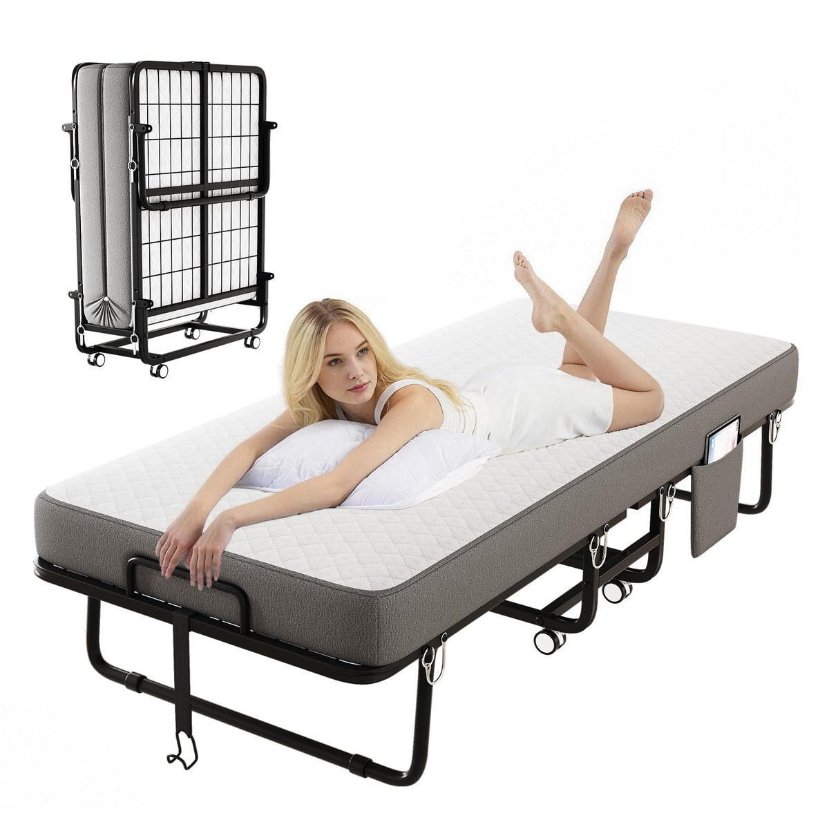 Folding Bed with Mattress, Memory Mattress Metal Frame Single Bed D322