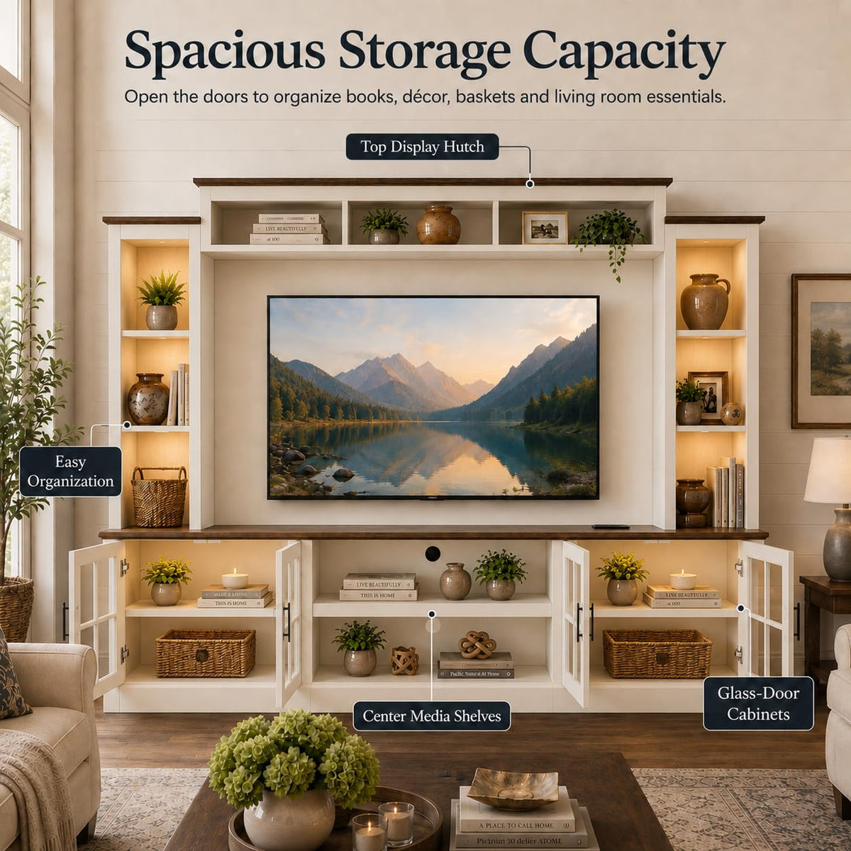 White TV Stand with Bookshelf Cabinet and Barn Doors I101893