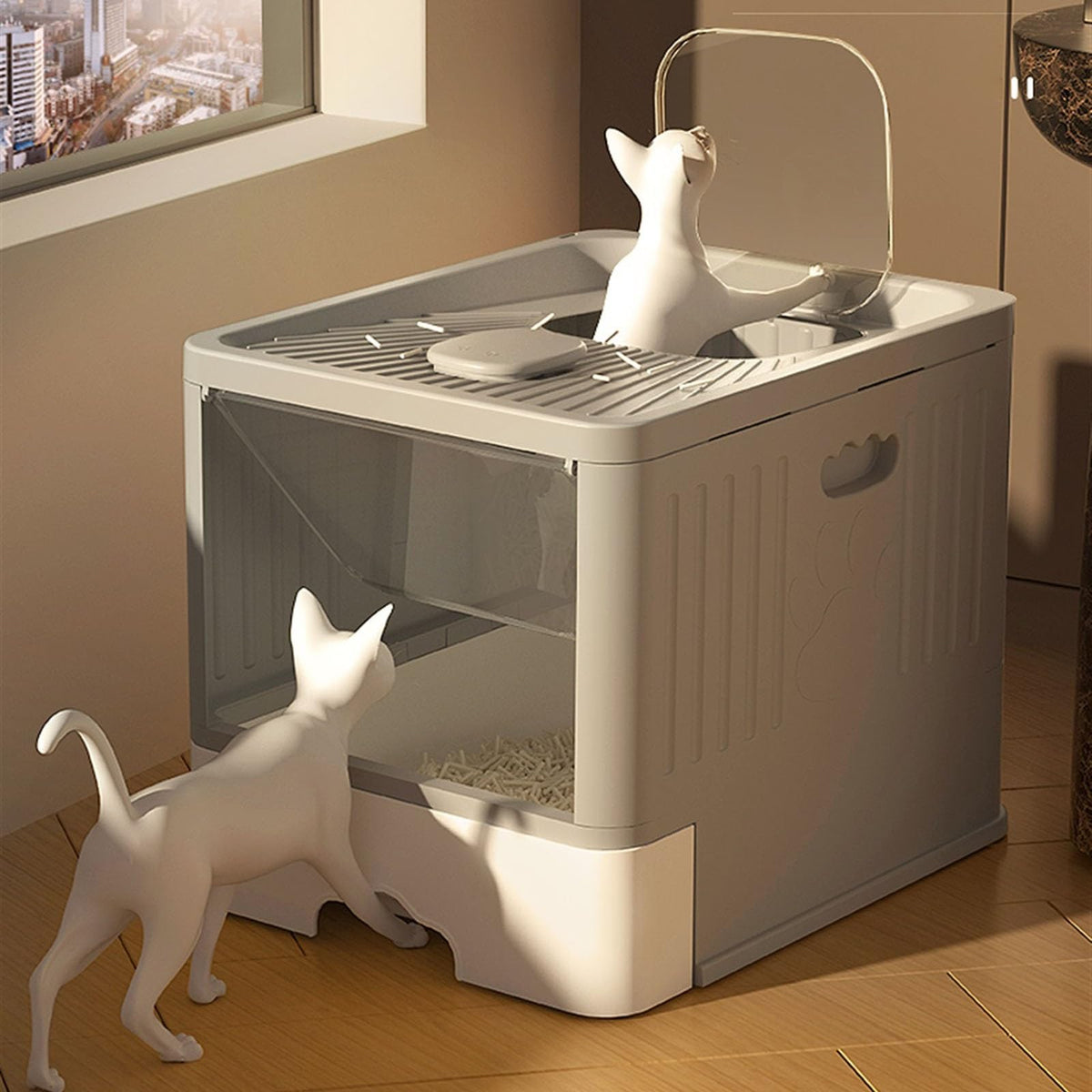Large Top Entry Anti-Splashing Enclosed Plastic Cat Litter Box with Lid and Litter Scoop W164417