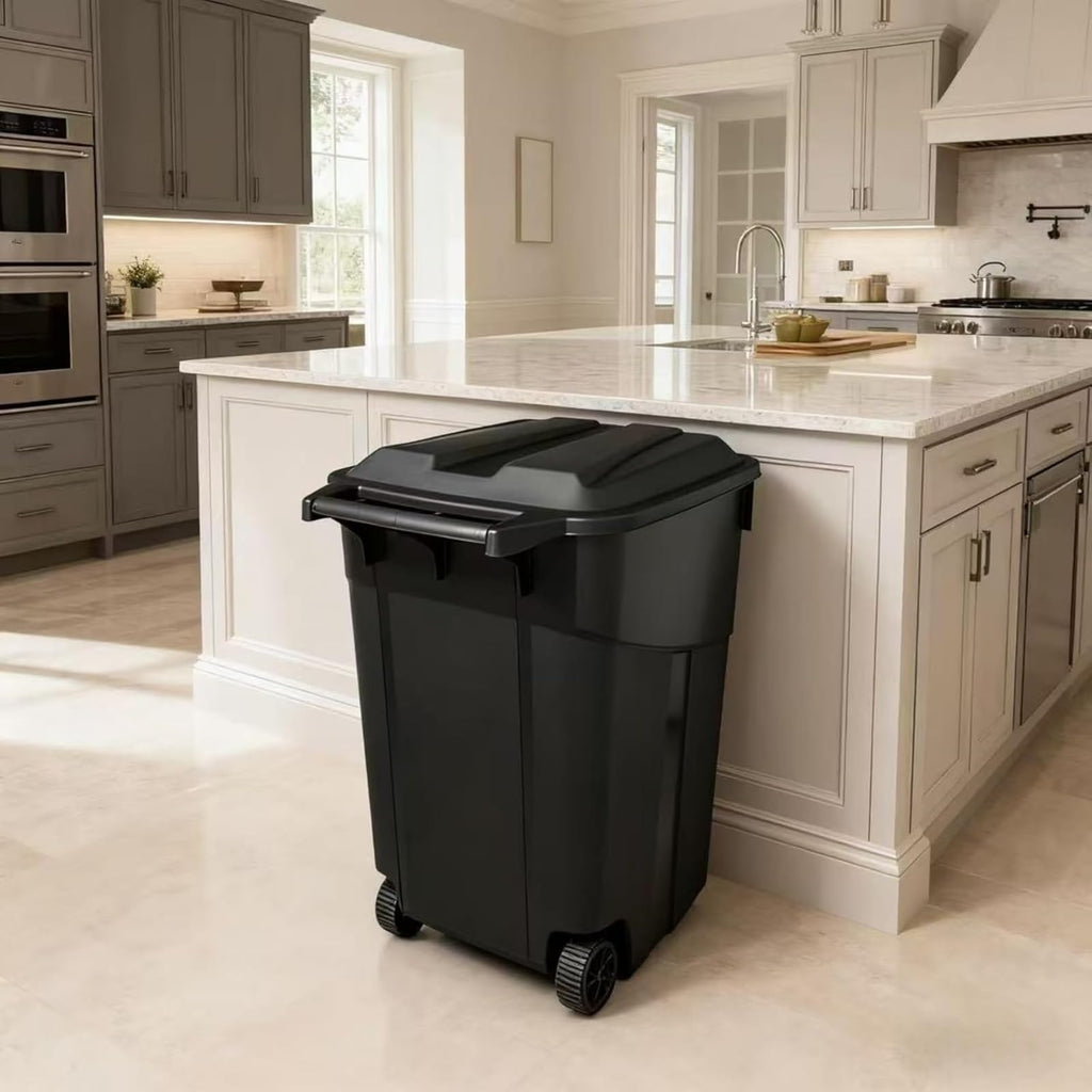 Black 45 Gallon Wheeled Heavy Duty Plastic Trash Can with Lid N3473