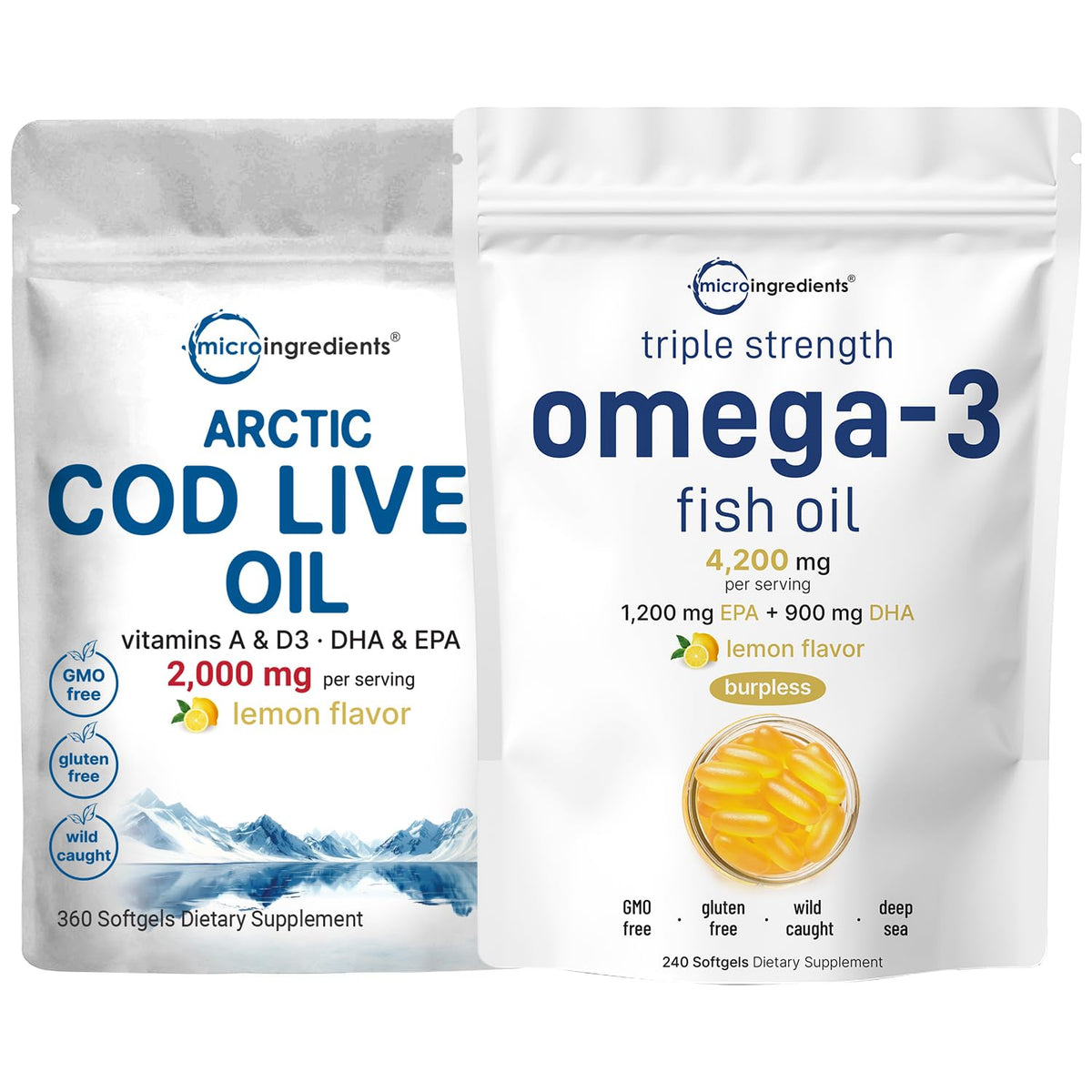 Omega 3 Fish Oil 4200mg & Cod Liver Oil 2000mg 360 Softgels Lemon Flavored S9640