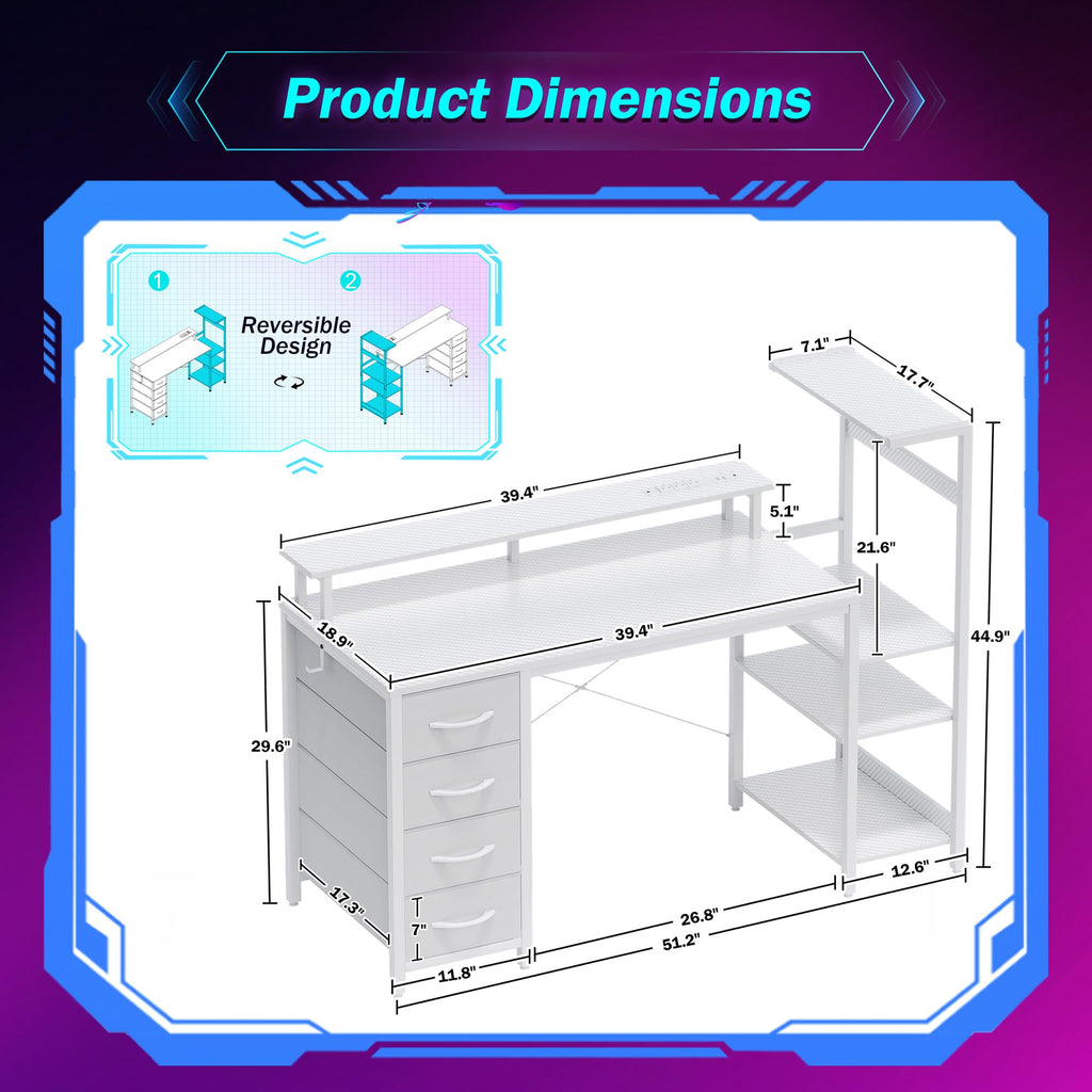 51 Inch White Gaming Desk with Drawers B151438