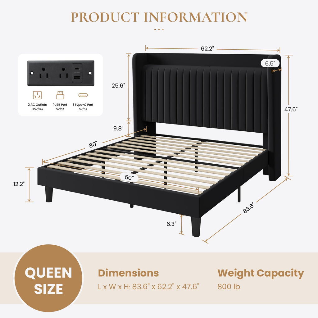 Queen Size Black Velvet Bed Frame with Shelf J7333