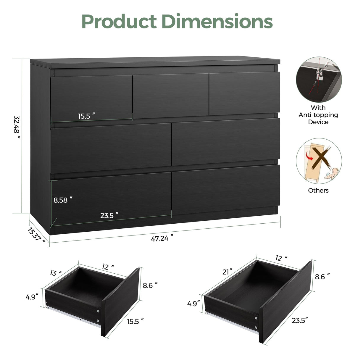 Black 7 Drawer Wood Dresser G8519