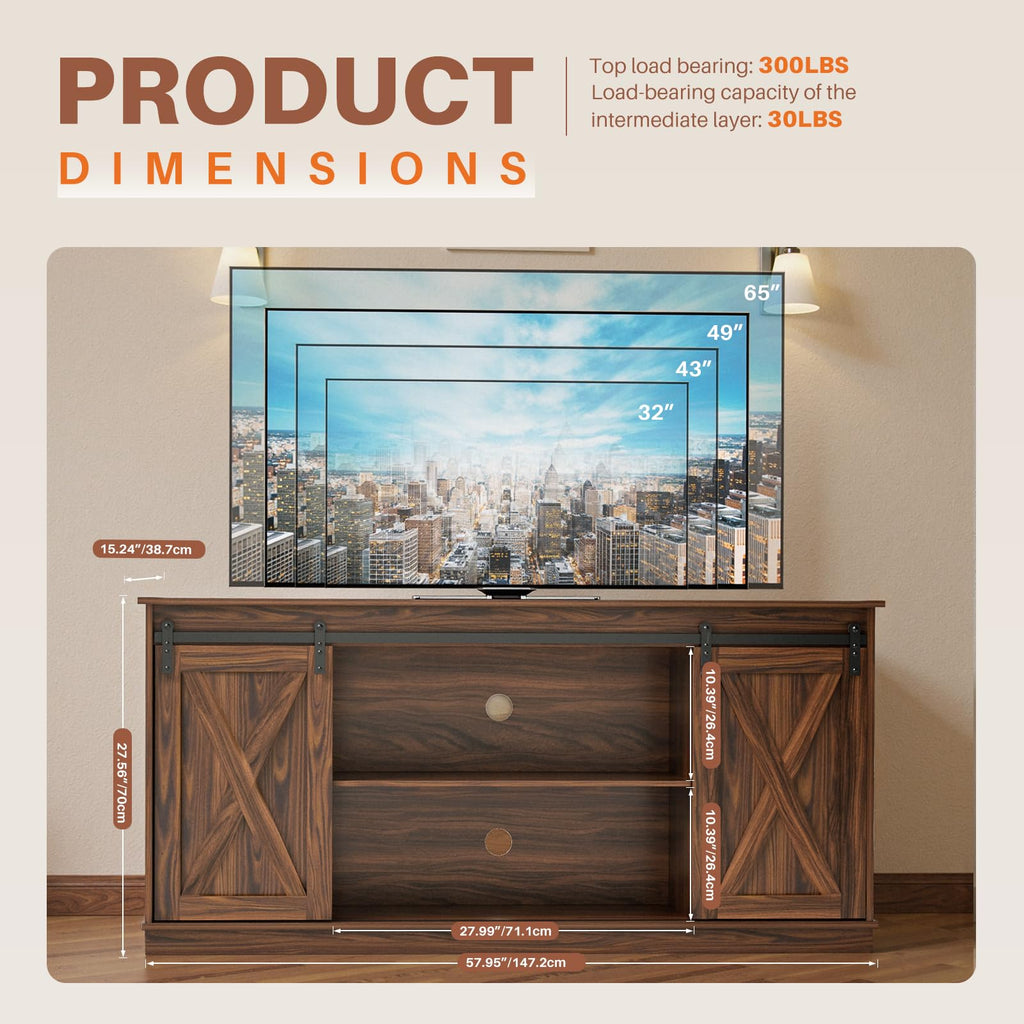 65 Inch Brown Wood TV Stand with Storage Shelves and Sliding Barn Door Z2296