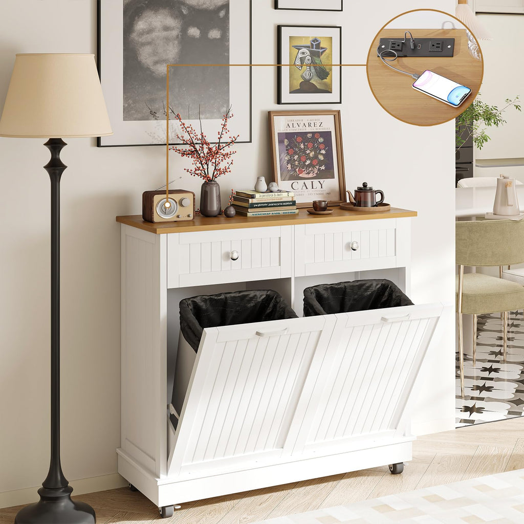 20 Gallon Wooden Tilt-Out Trash Can Cabinet with 2 Drawers, White Y47988