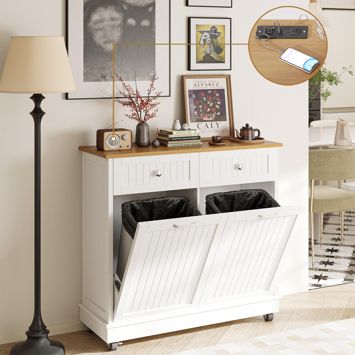 20 Gallon Wooden Tilt-Out Trash Can Cabinet with 2 Drawers, White Y47988