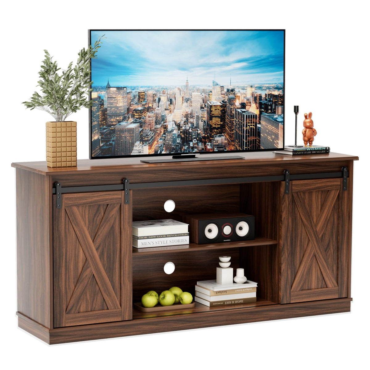 65 Inch Brown Wood TV Stand with Storage Shelves and Sliding Barn Door Z2296