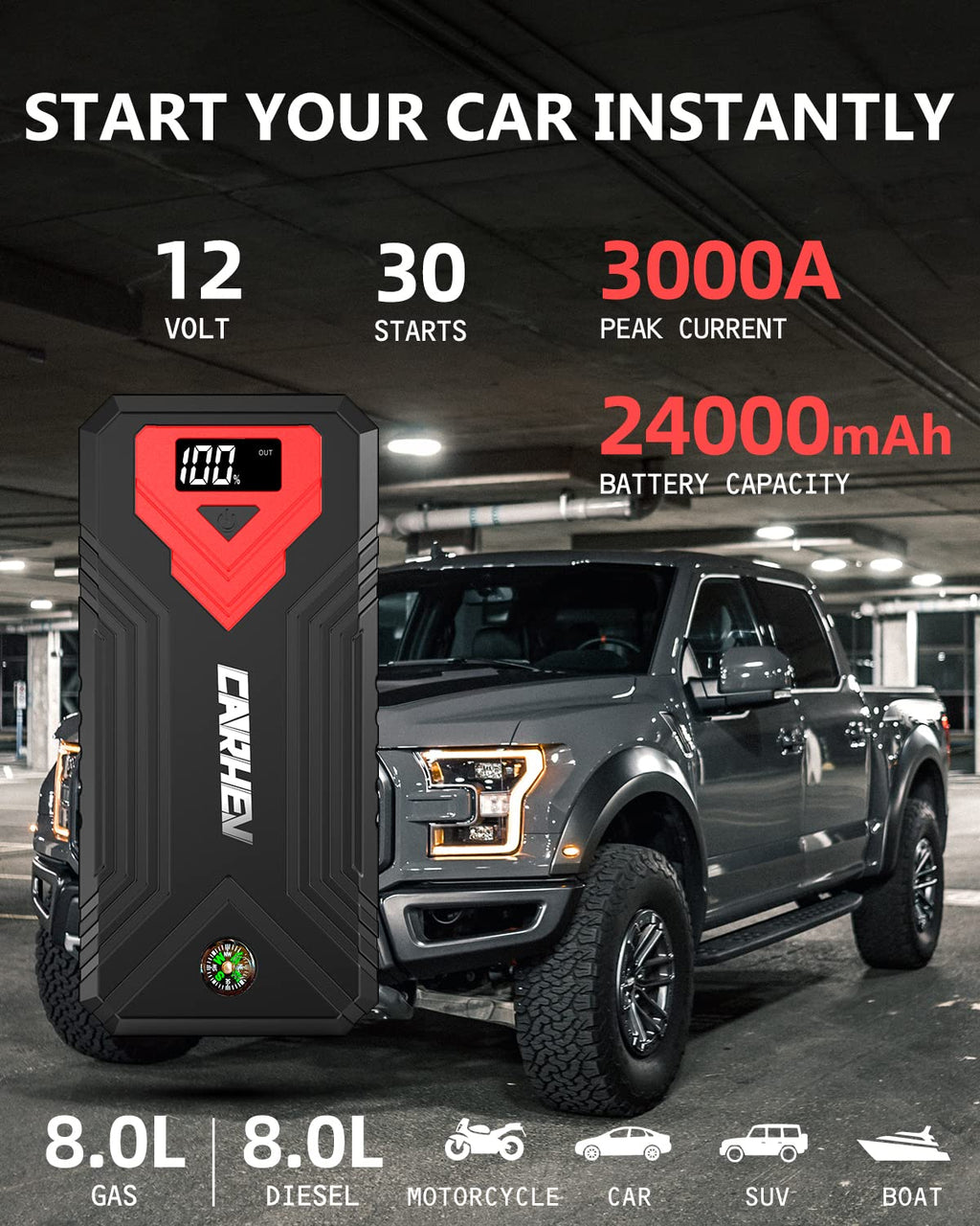 3000A 24000mAh 12V Jump Starter with LED Light and USB QC 3.0 D99528