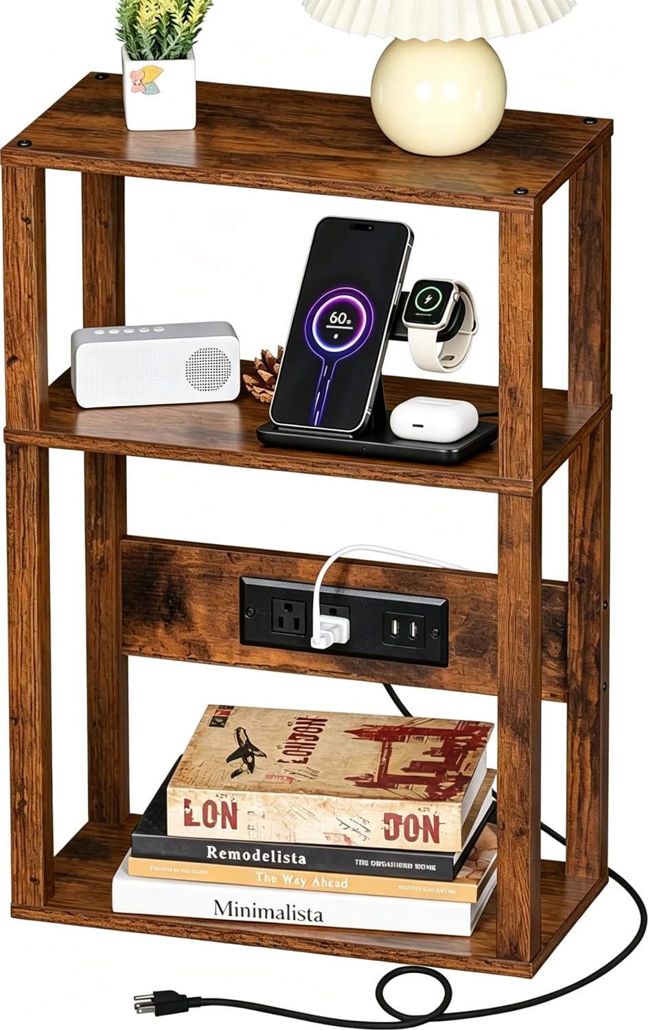 3-Tier Narrow Bedside Table with Charging Station M840