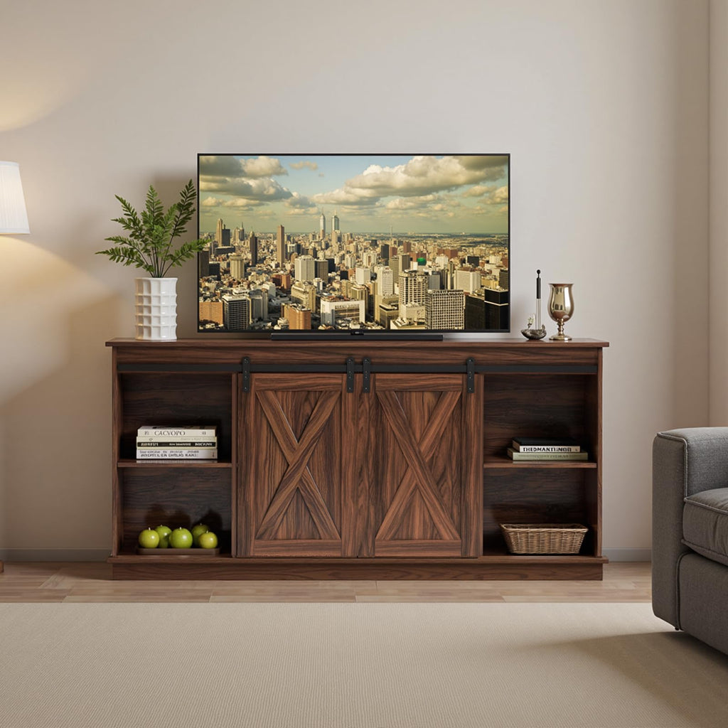 65 Inch Brown Wood TV Stand with Storage Shelves and Sliding Barn Door Z2296