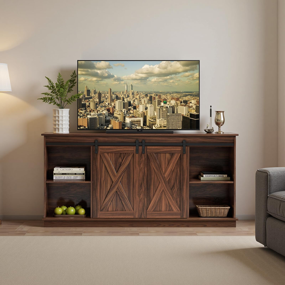 65 Inch Brown Wood TV Stand with Storage Shelves and Sliding Barn Door Z2296