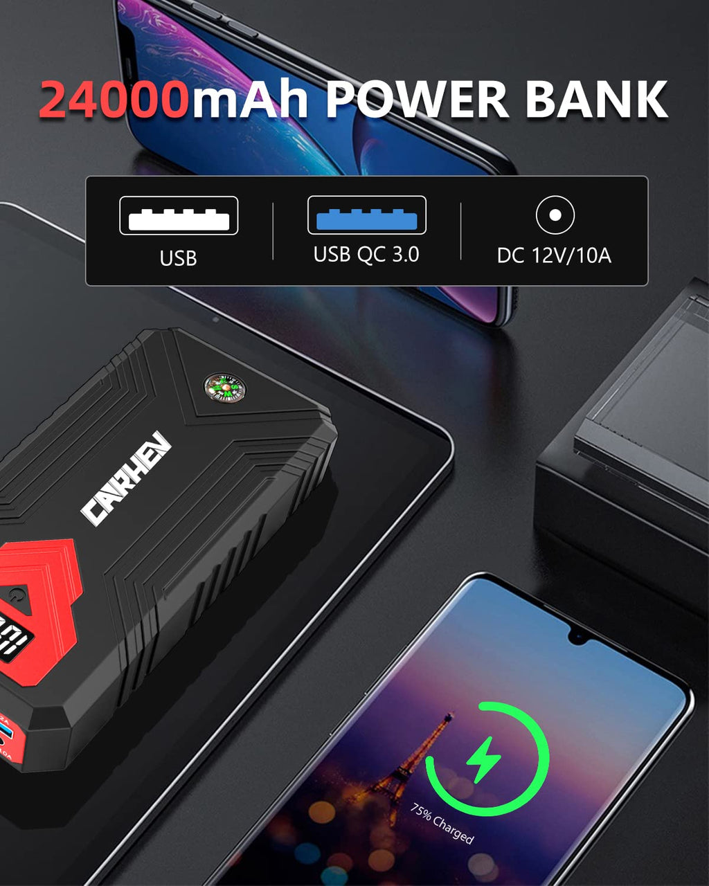 3000A 24000mAh 12V Jump Starter with LED Light and USB QC 3.0 D99528