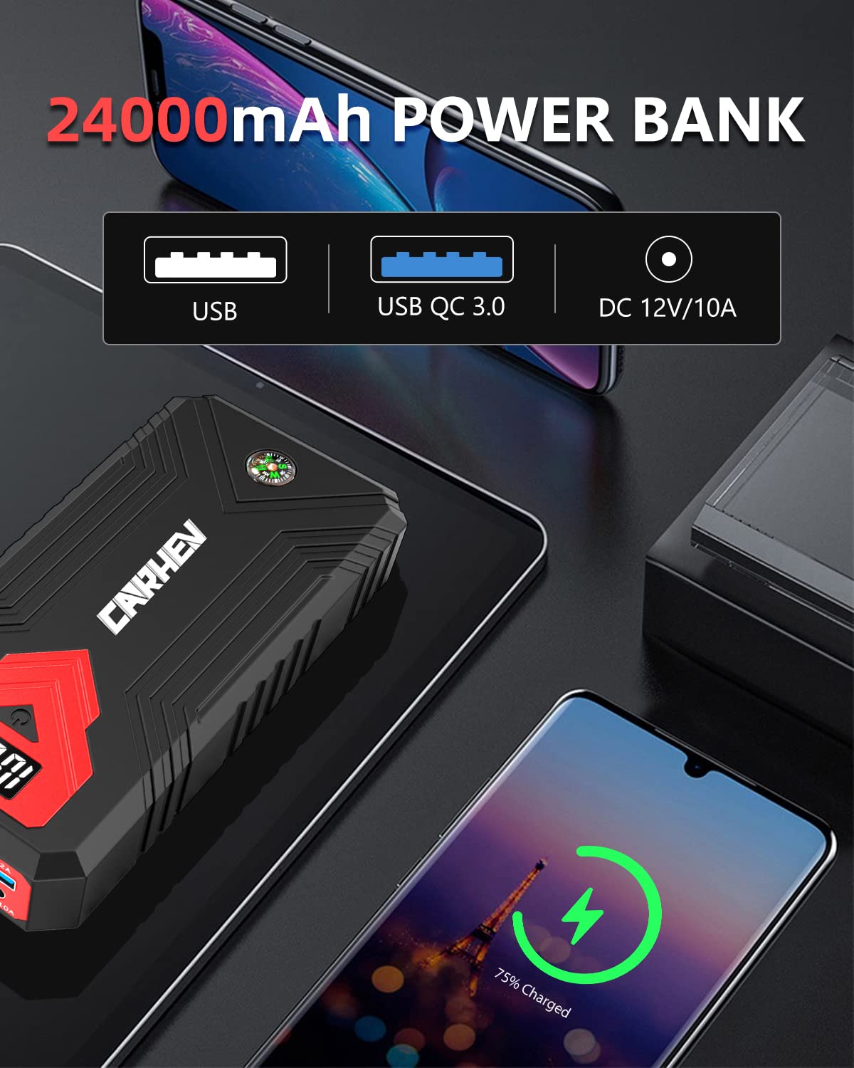 3000A 24000mAh 12V Jump Starter with LED Light and USB QC 3.0 D99528