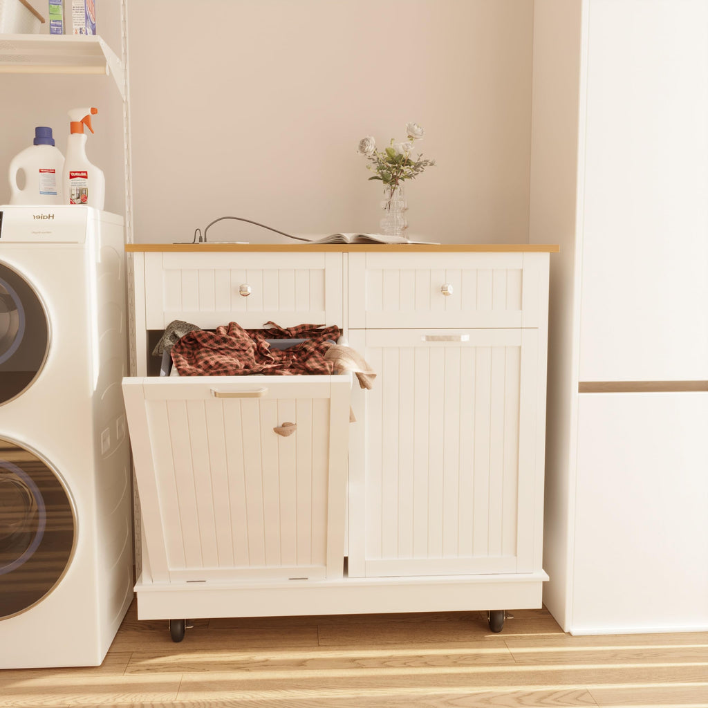 20 Gallon Wooden Tilt-Out Trash Can Cabinet with 2 Drawers, White Y47988