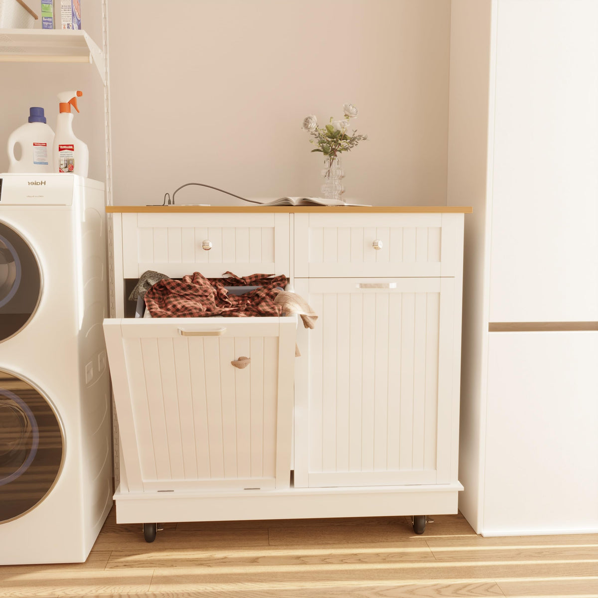 20 Gallon Wooden Tilt-Out Trash Can Cabinet with 2 Drawers, White Y47988