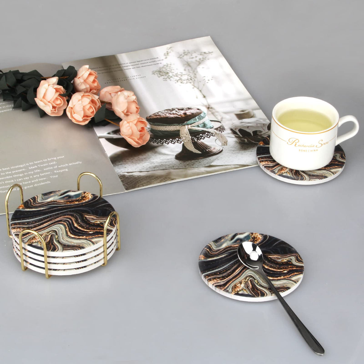 Black and Gold Marble Coasters with Holder O3034