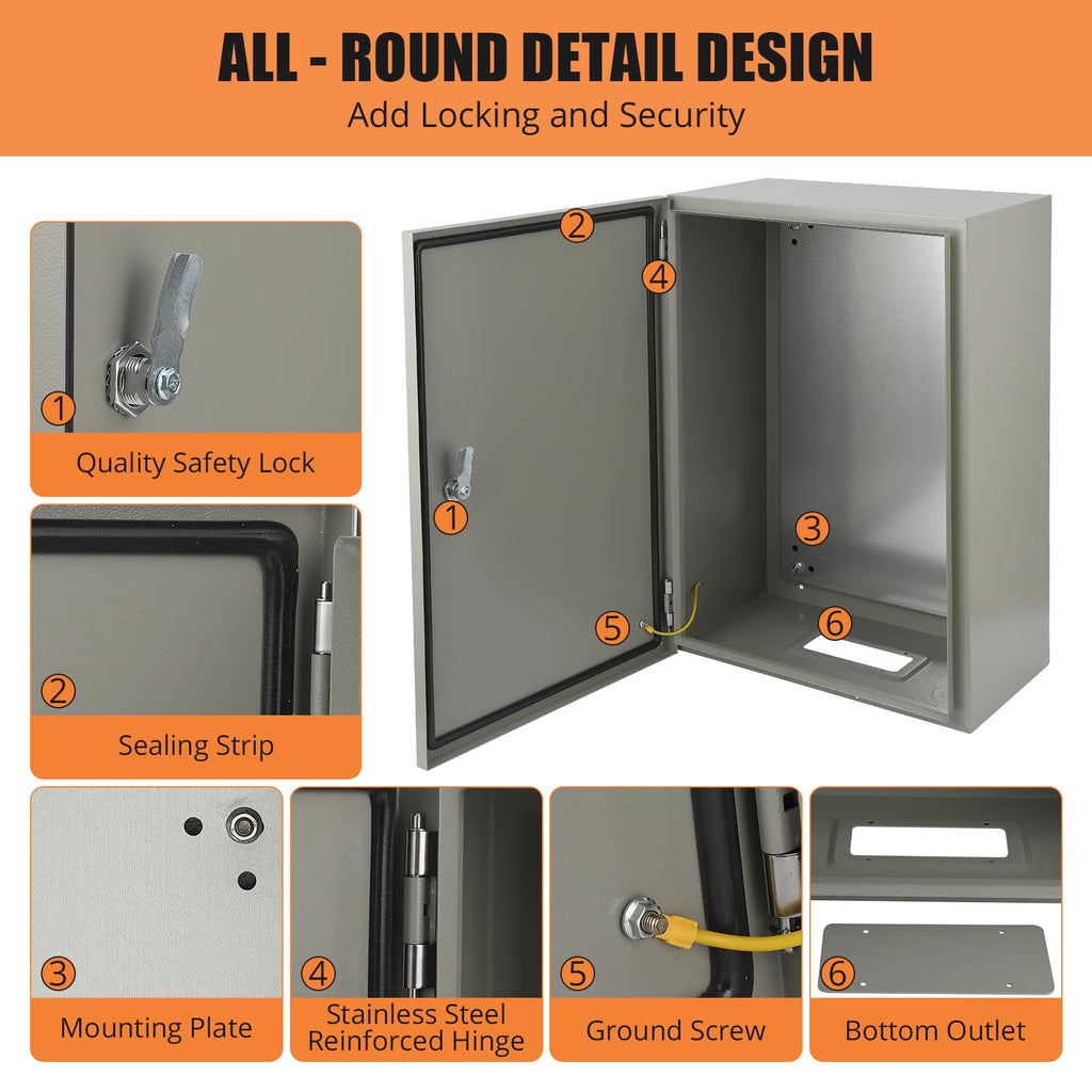24" x 16" x 10" Waterproof Stainless Steel Electrical Enclosure Box with Lock S3518