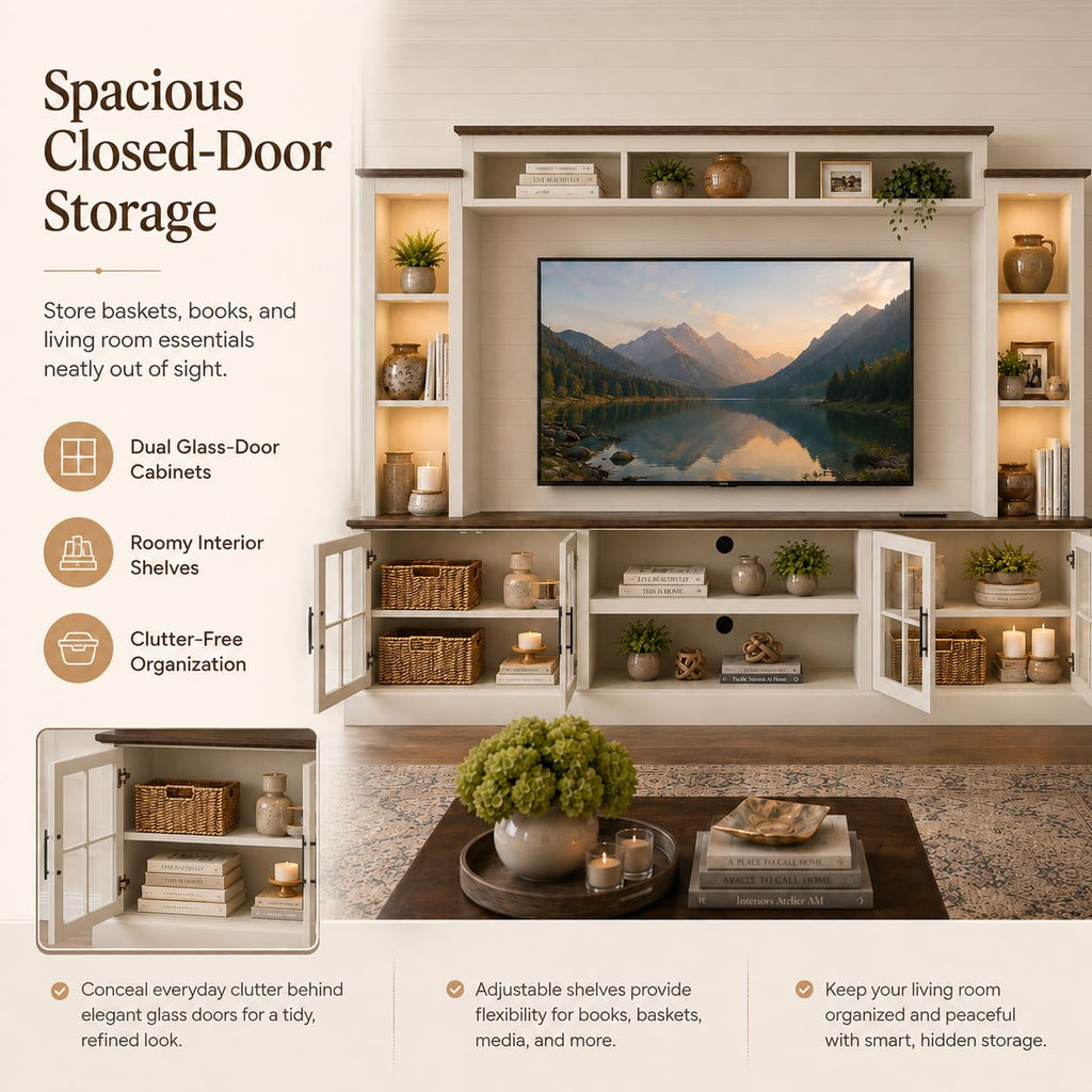 White TV Stand with Bookshelf Cabinet and Barn Doors I101893
