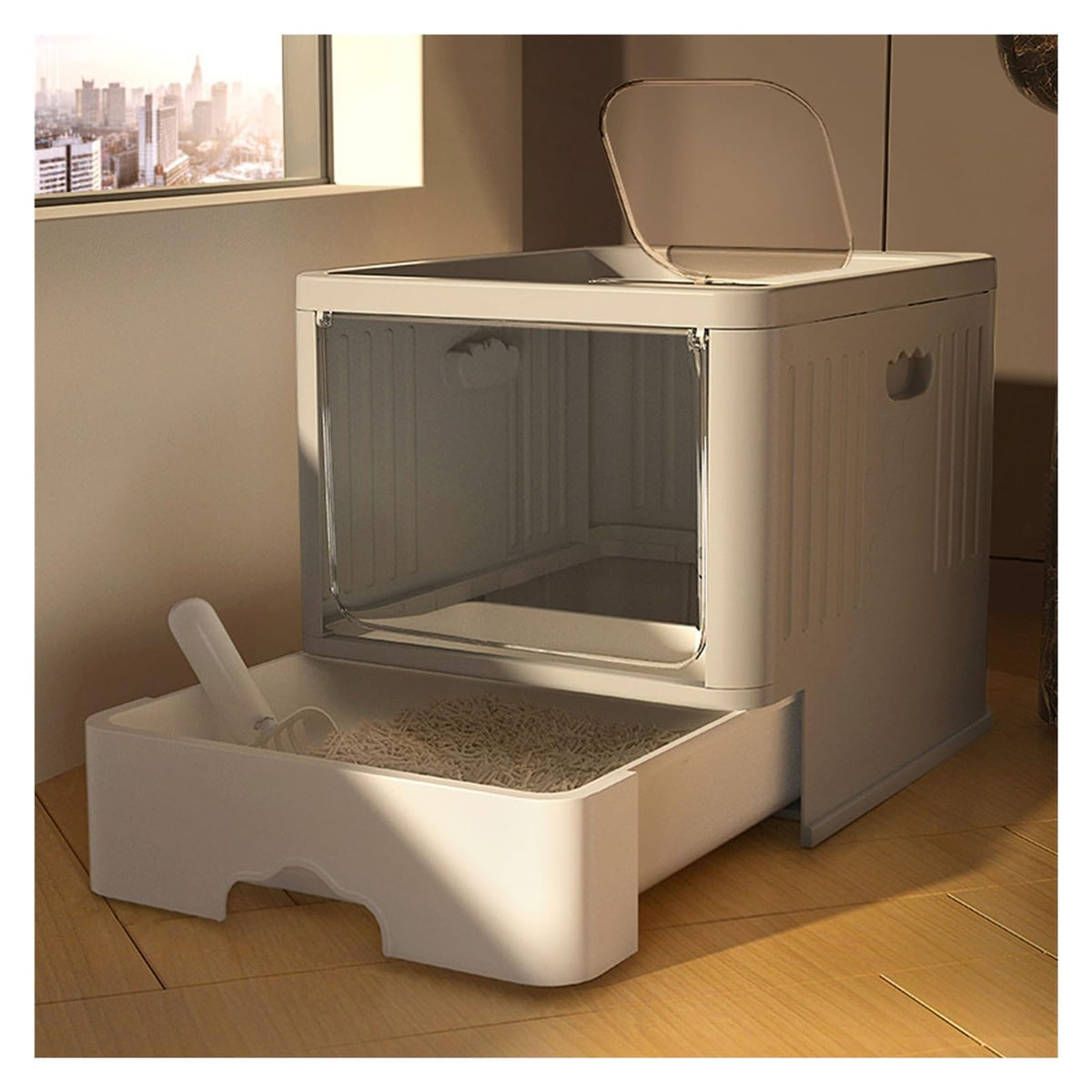 Large Top Entry Anti-Splashing Enclosed Plastic Cat Litter Box with Lid and Litter Scoop W164417