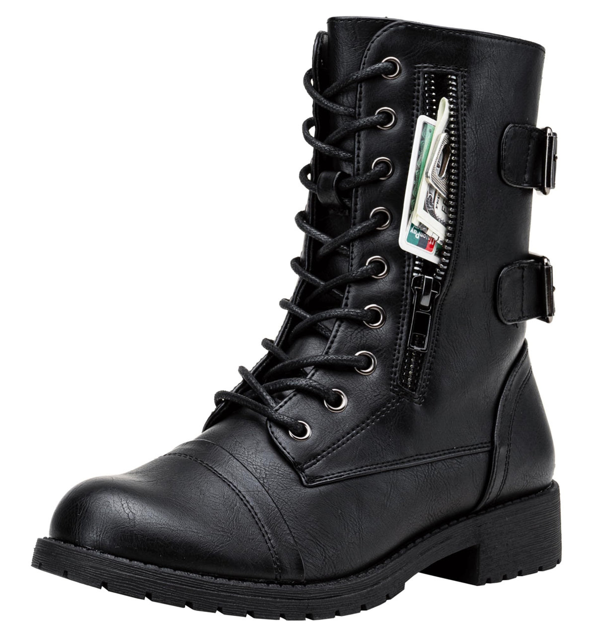 Women's Lace Up Mid Calf Combat Boots with Pocket N932