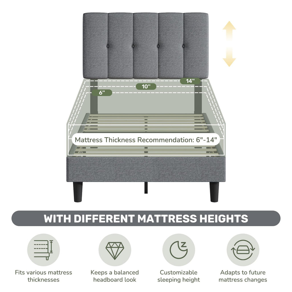 Twin Upholstered Platform Bed Frame with Headboard, Grey U311