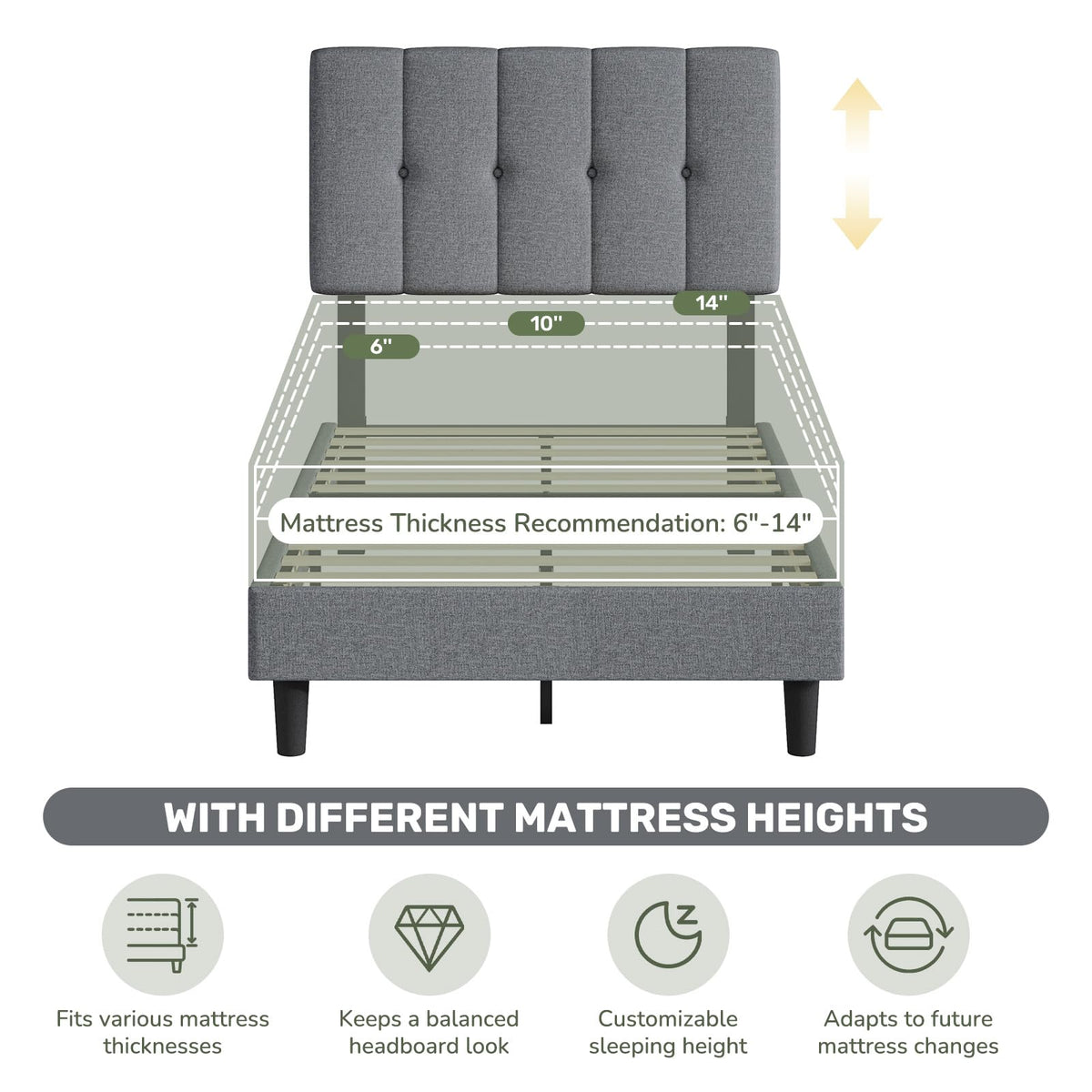 Twin Upholstered Platform Bed Frame with Headboard, Grey U311
