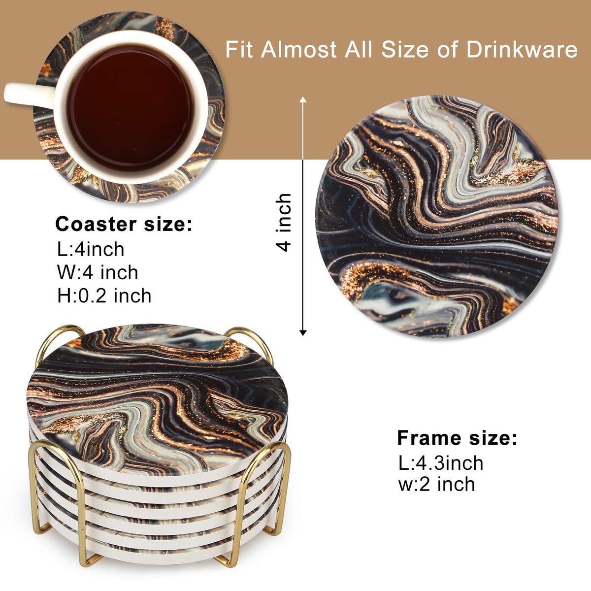 Black and Gold Marble Coasters with Holder O3034