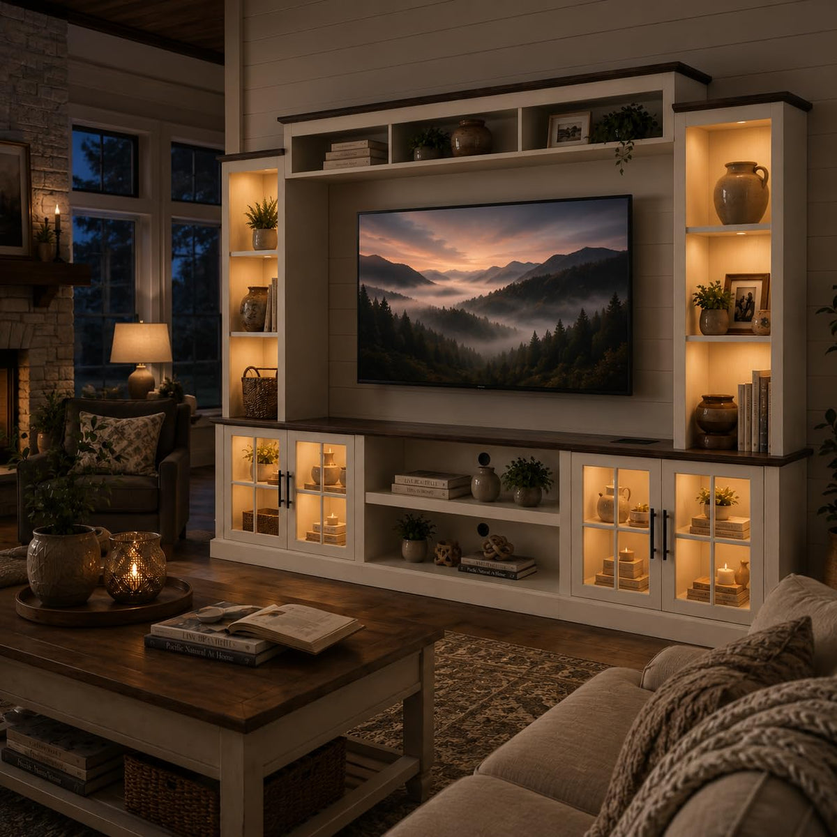 White TV Stand with Bookshelf Cabinet and Barn Doors I101893