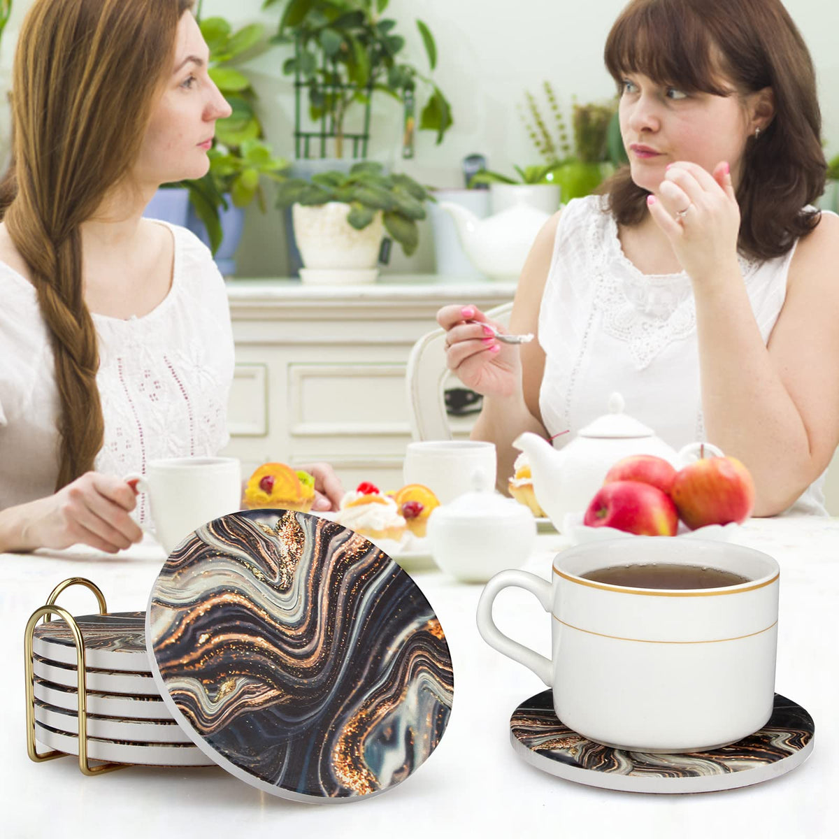 Black and Gold Marble Coasters with Holder O3034