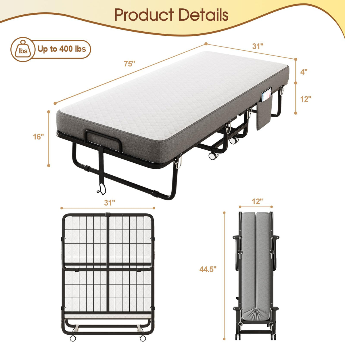 Folding Bed with Mattress, Memory Mattress Metal Frame Single Bed D322
