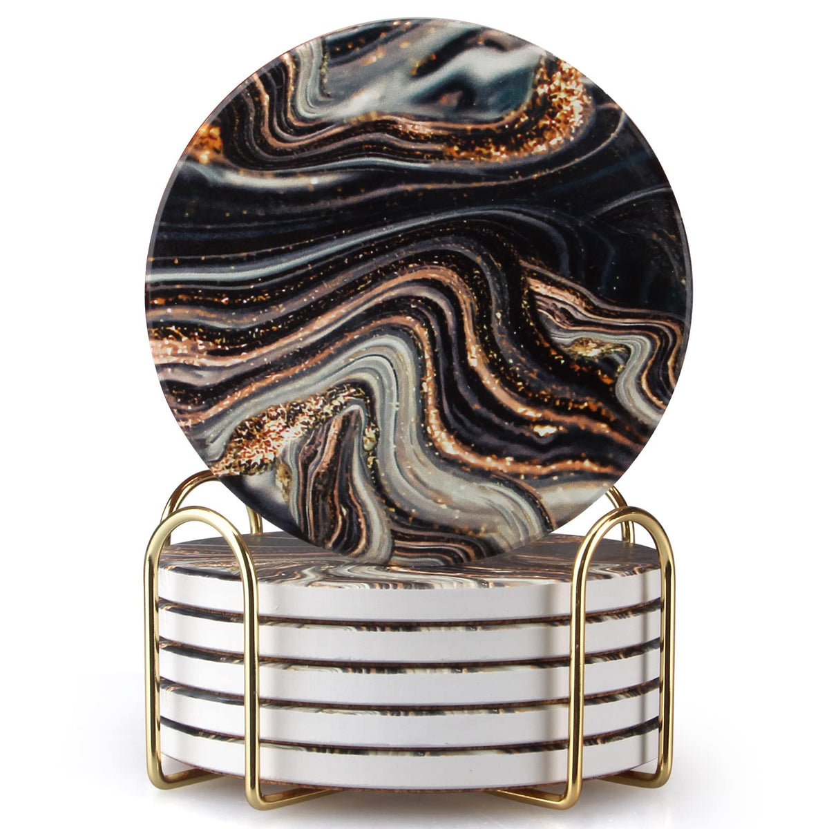 Black and Gold Marble Coasters with Holder O3034