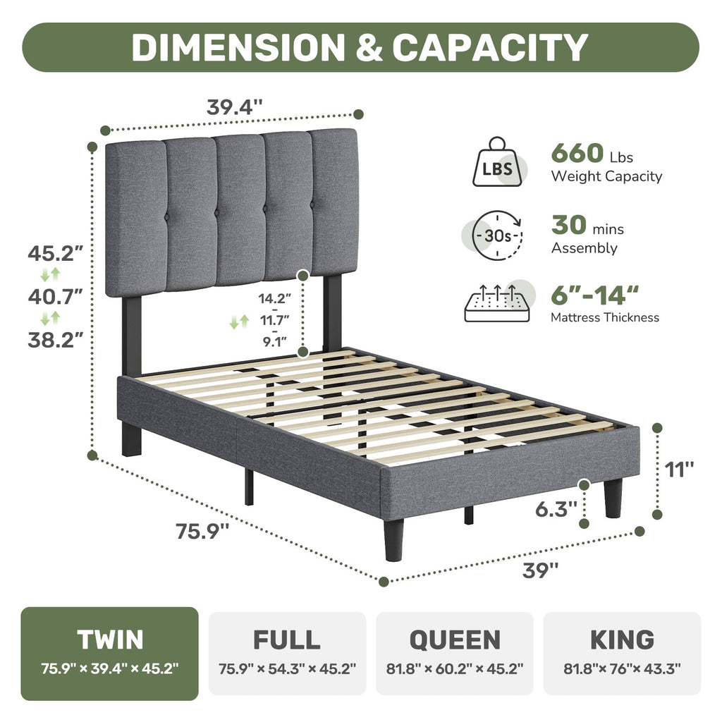Twin Upholstered Platform Bed Frame with Headboard, Grey U311