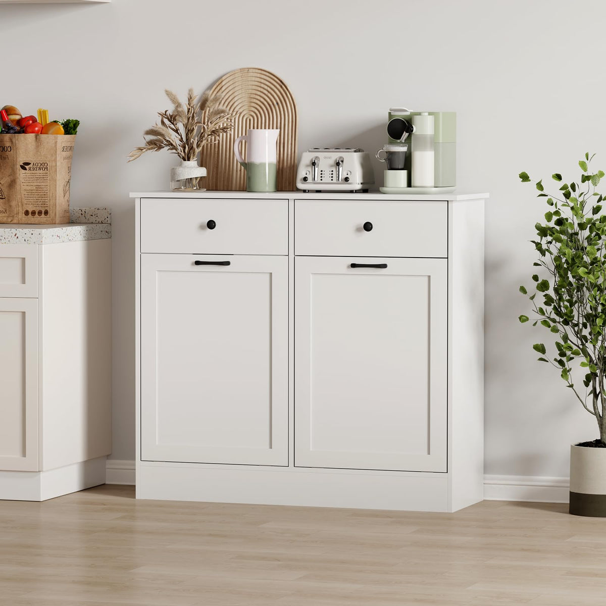 White 20-Gallon Wooden Tilt-Out Trash Can Cabinet T8924